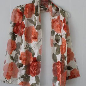 Rose Blossum Sprigs in Peachy Orange with Gold Gilding green Leaves Sheer Scarf